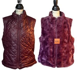 Nicole Miller Faux Fur Reversible Quilted Vest jacket Wine XX-Large